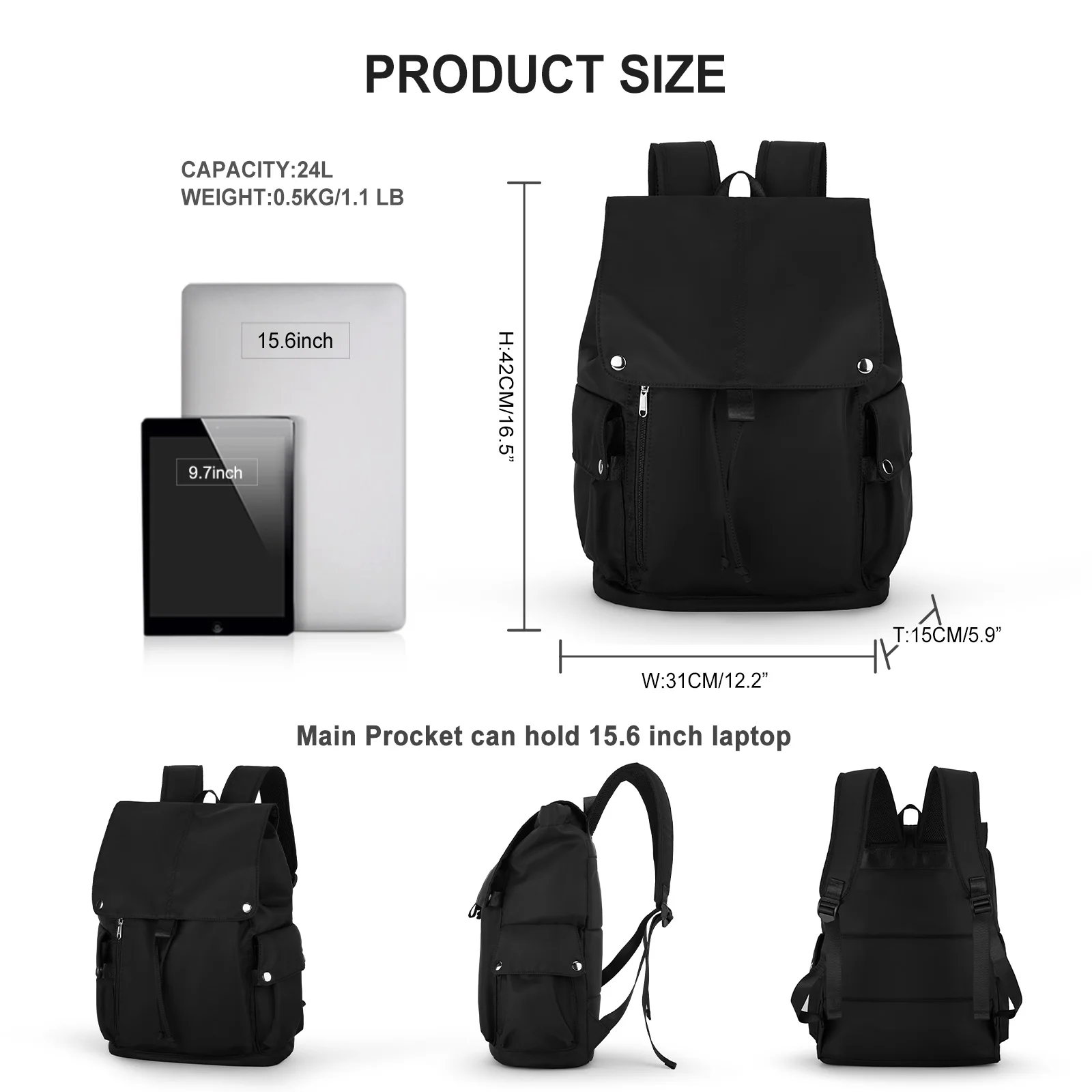 2024 Men\'s School Backpack, Women Nylon Classic Waterproof Multi-Function Travel Laptop Bag Casual Black Backpack for Teens Boys