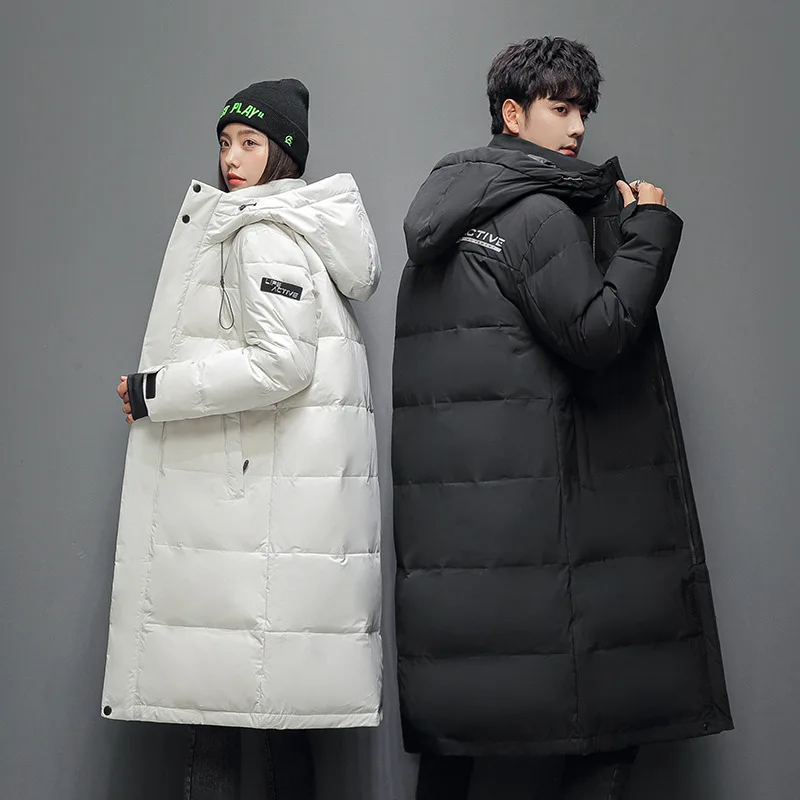 Men's Winter Jacket Youth Long Cap Knee White Duck Down Thick Fashion Couple Warm Work Coat