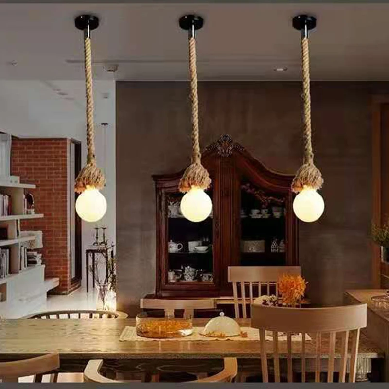 Retro Vintage Hemp Rope Pendant Light American Industrial Hanging Lamps Creative Loft Country Style Ceiling Lamps E27 LED Edison