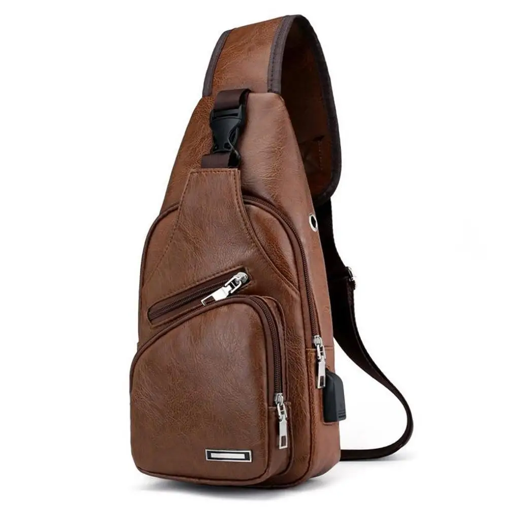 

Classic Black Men's Shoulder Bag Outdoor Sports USB Charging Chest Bag Men's PU Business Crossbody Bag Male Casual Bag