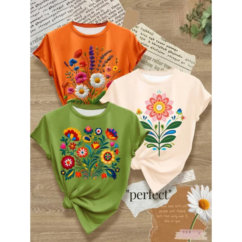 

Cross-border Mexican Colorful Floral Festival Letter PrintTShirt，Women's Casual Short Sleeve Round Neck Top