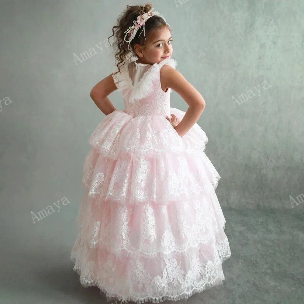 Beloving Pink Lace Flower Girl Dresses Princess Sleeveless Tiered Long Holy Communion Pageant Gown Kids Prom Dress Vestidos Niña