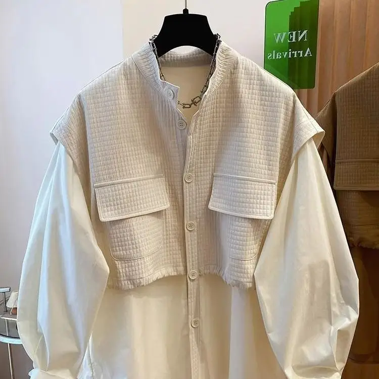 

Женская рубашка больших размеров (до 136 кг) с эффектом двухслойности, стегаными вставками и корейским дизайном, осенняя, с длинным рукавом, визуально стройнящая фигуру