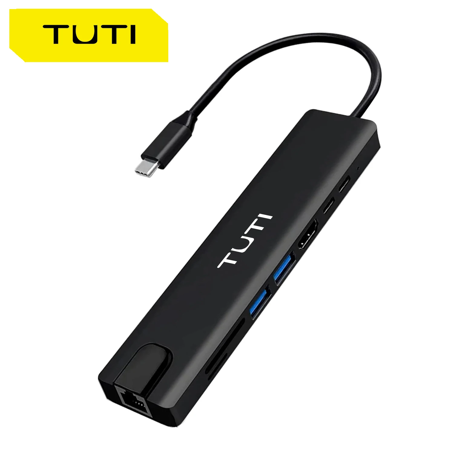 TUTI-Powered USB 3.0 Hub with 4K USB C HDMI Adapter, 100Mbps Ethernet Port, SD/TF Card Reader, Laptop Dock,Black, 8in 1