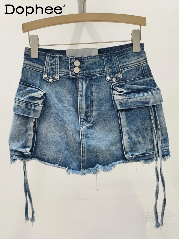 

Hot Girl Style Denim Skirt for Women 2024 Spring and Summer New Street Style Lace-up Large Pocket A- line Hip-Wrapped Skirts