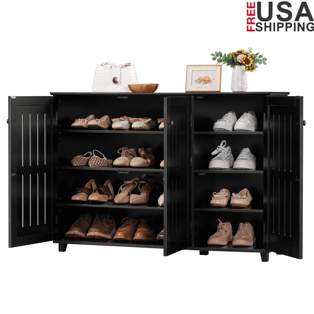 

4 Tier Shoe Storage Cabinet Adjustable Shelves Louvered Door Durable MDF Shoe Rack Organizing Solution Boots and Shoes