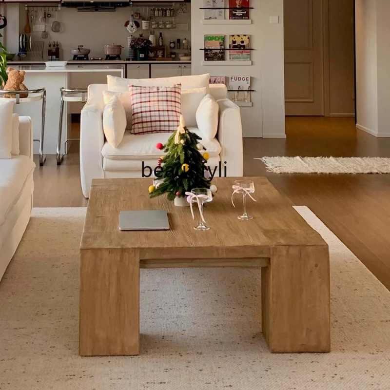 

Nordic Vintage Solid Wood Distressed Coffee Table Wabi-Sabi Style Tea Table Simple Modern Natural Wood Retro Coffee Table