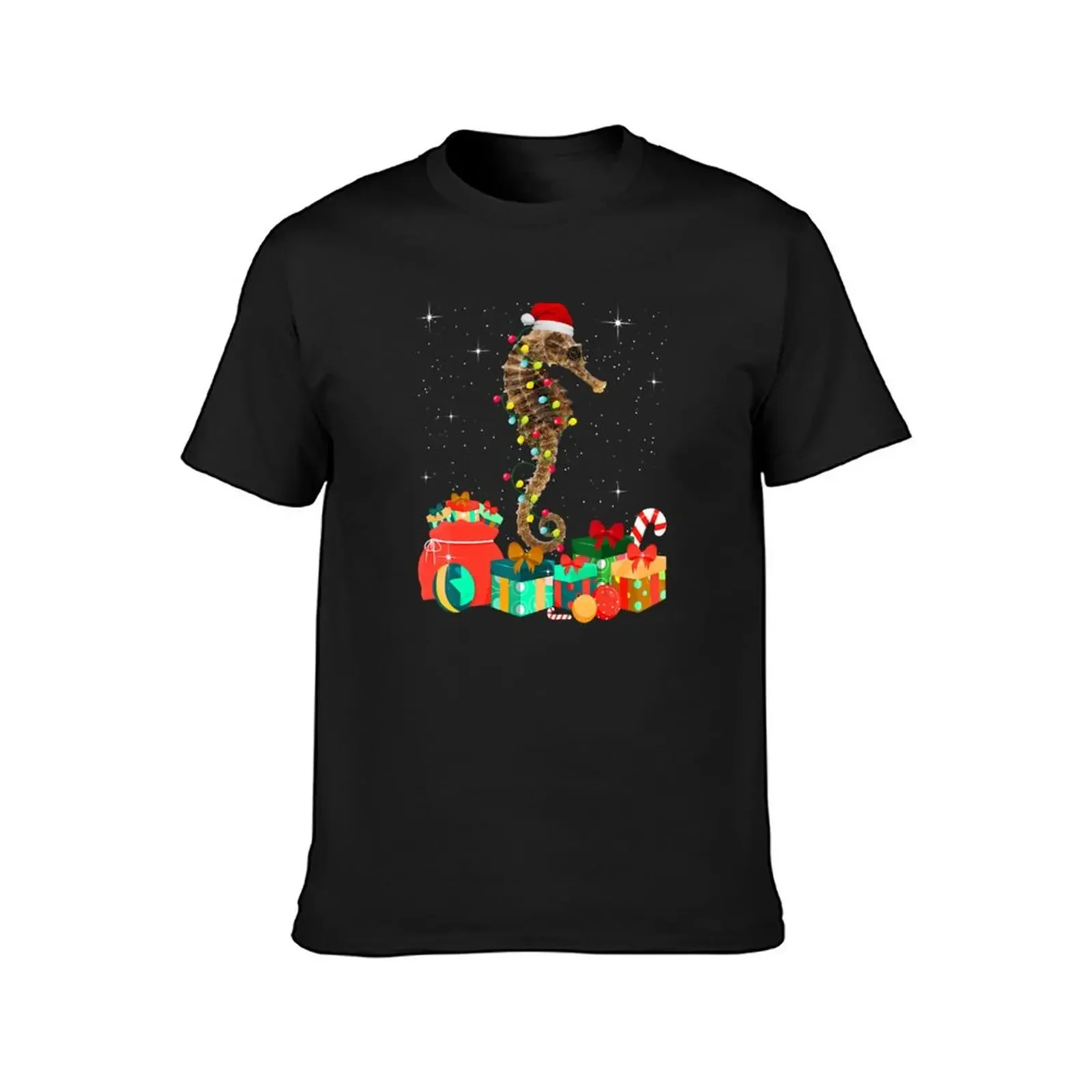 Seahorse Christmas Hat Lights Family Xmas Gift Love Animals T-Shirt oversized street wear men graphic t shirts