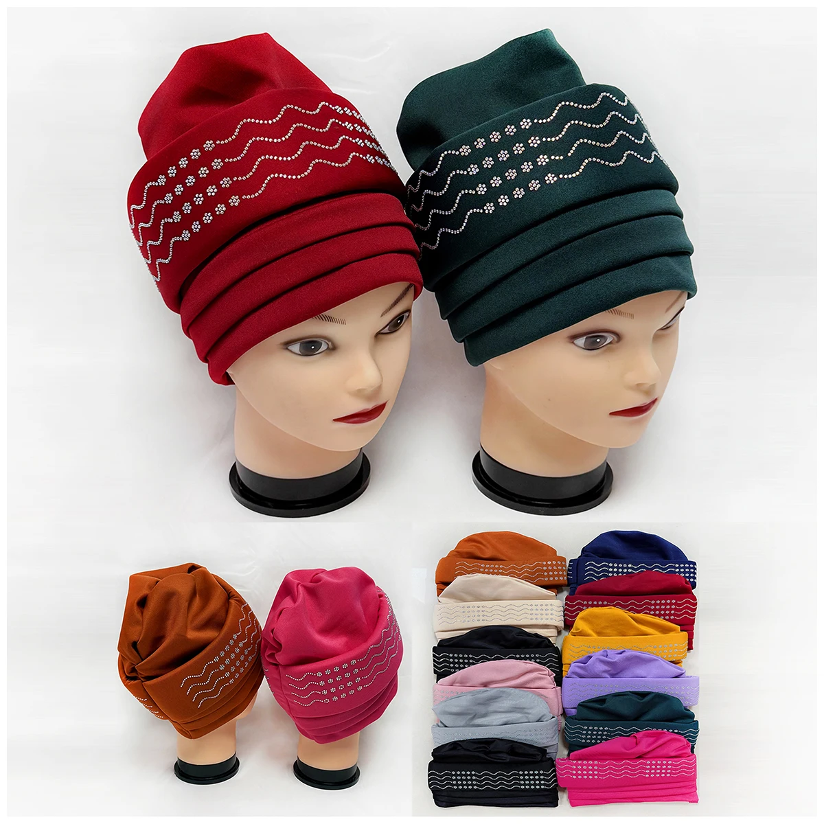 

6/12 Fashionable Muslim Women's Headscarves Hats Warm Type With Stamped Diamonds CapDecorations Indian Style Women Wool Hats
