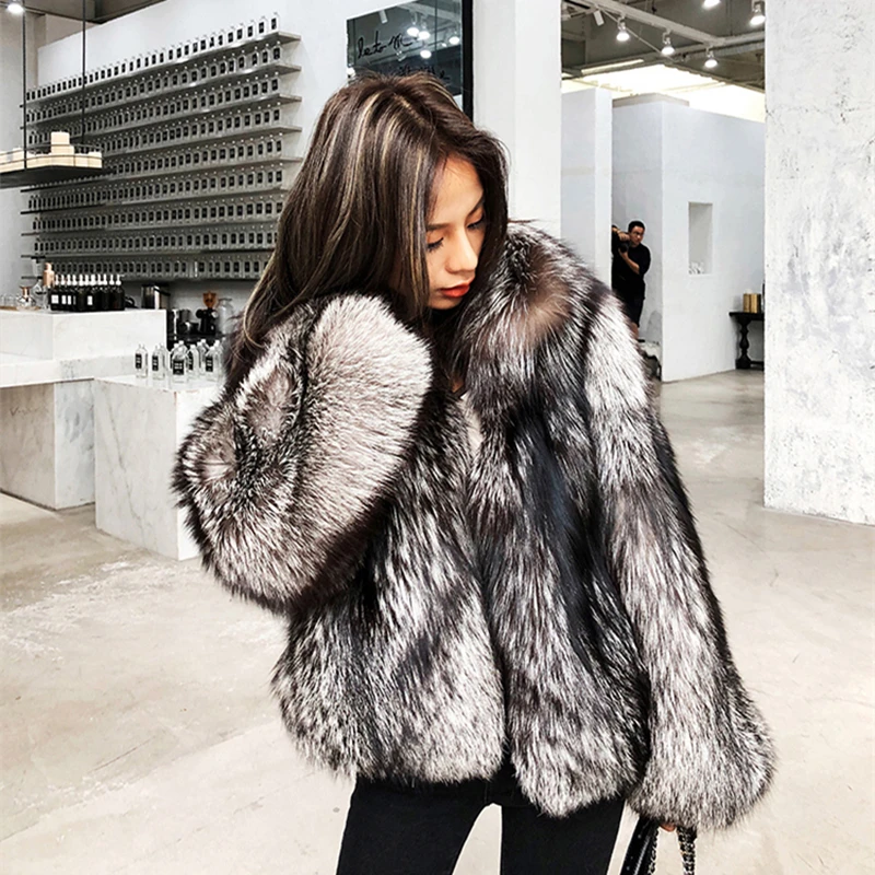 2024 Fashion Natural Silver Fox Fur Coat Women With Durndown Collar 100% Whole Skin Fur Winter Thick Soft Warm Fox Fur Coat