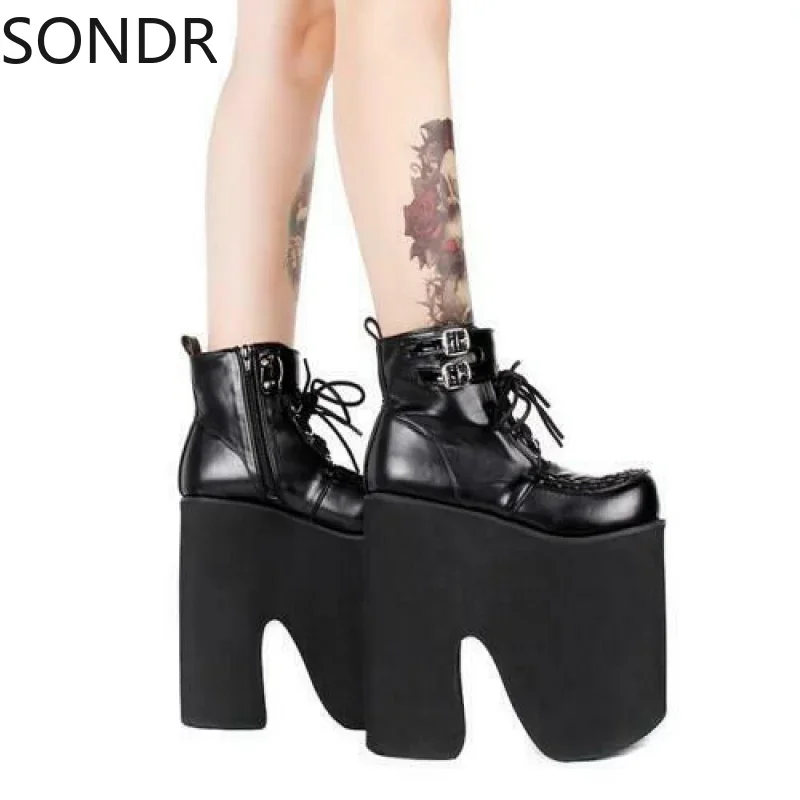 Women Lolita Punk Gothic Chunky 20cm High Heels Lace Up Ankle Boots Cosplay Shoes Creepers Japanese Harajuku Plus Size New 2024