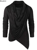 New 2025 Men's Spring Autumn T-shirt Trendy Asymmetrical Man Elastic Solid Slim Bottoming Tops Pullover Retro Streetwear for Men