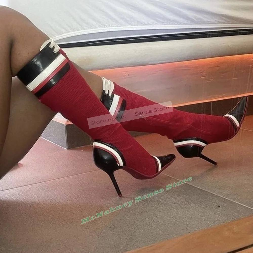 

Смешанные цвета с острым носком Сапоги на шпильке с ремешками на шнуровке Сапоги до колена с боковой молнией Дизайнерская повседневная женская обувь для вечеринок