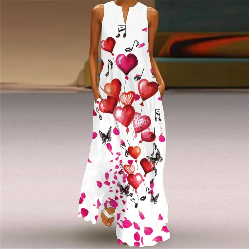 2024Summer 3D Fashion Printed Sleeveless Love Printed Fashion Retro Casual Long Skirt Women's Wear