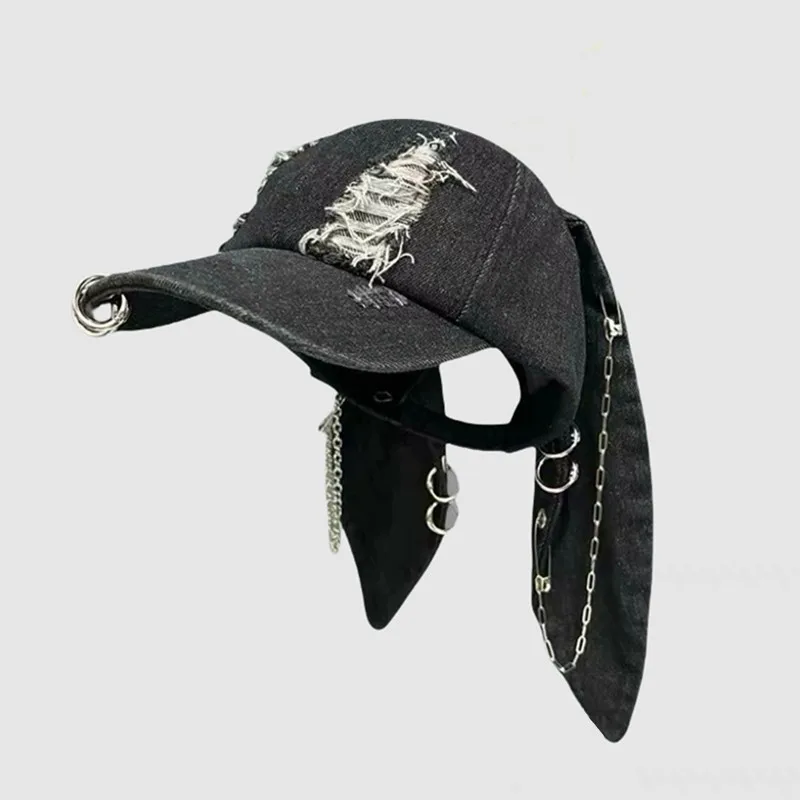 Y2K Youth Dark Harajuku Hat Heavy Metal Bad Bunny Ears Women Baseball Cap Hip Hop Wasteland Style Chain Ripped Cowboy Hat