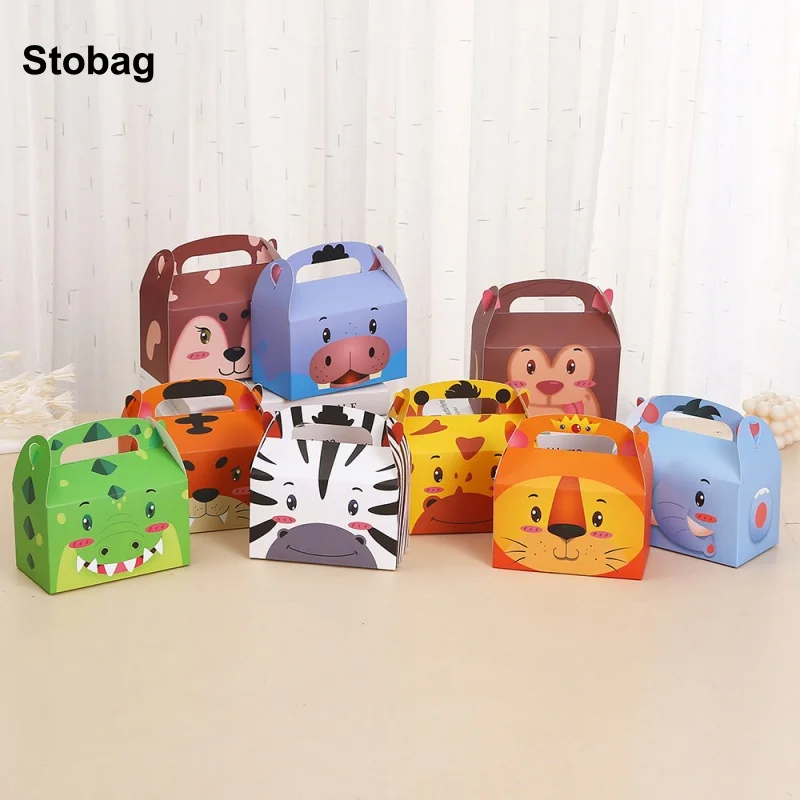 

StoBag 24pcs Cartoon Animal Kraft paper Gift Tote Box Kids Packaging Cake Candy Food Storage Baking Pouch Birthday Party Favor