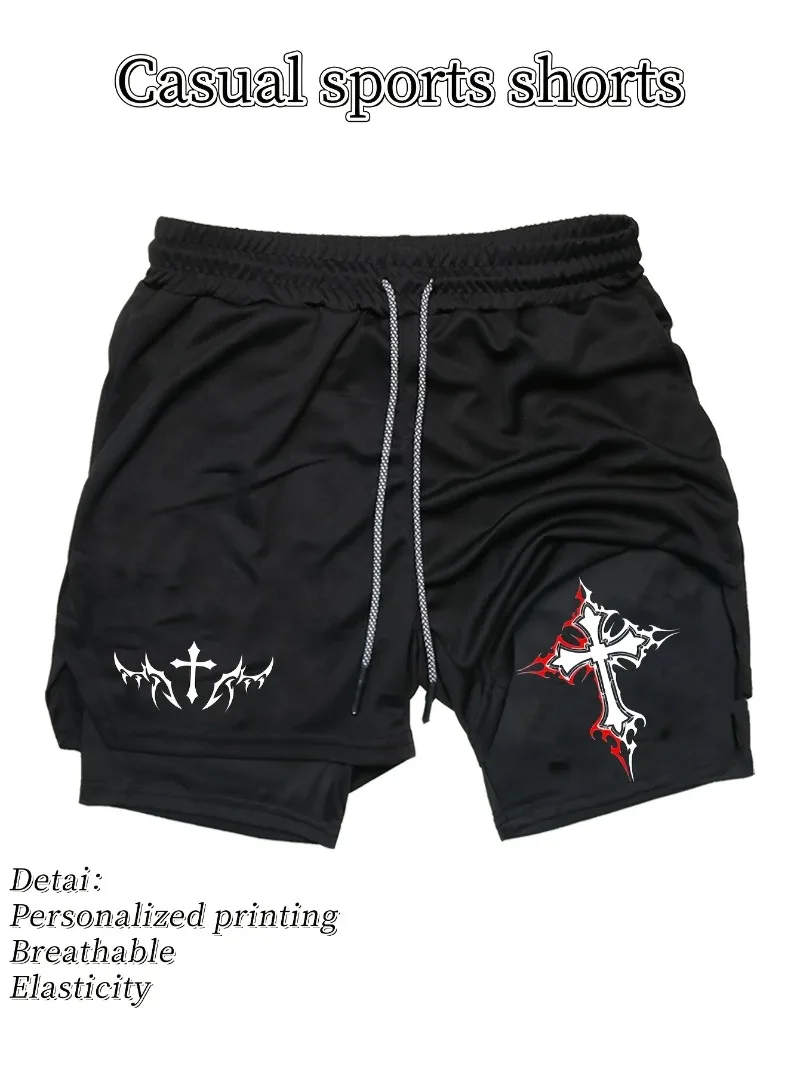 Pantalones cortos deportivos de secado rápido para hombre, pantalones cortos de entrenamiento transpirables que absorben la humedad para gimnasio con cordón de cintura elástica, diseño de doble capa
