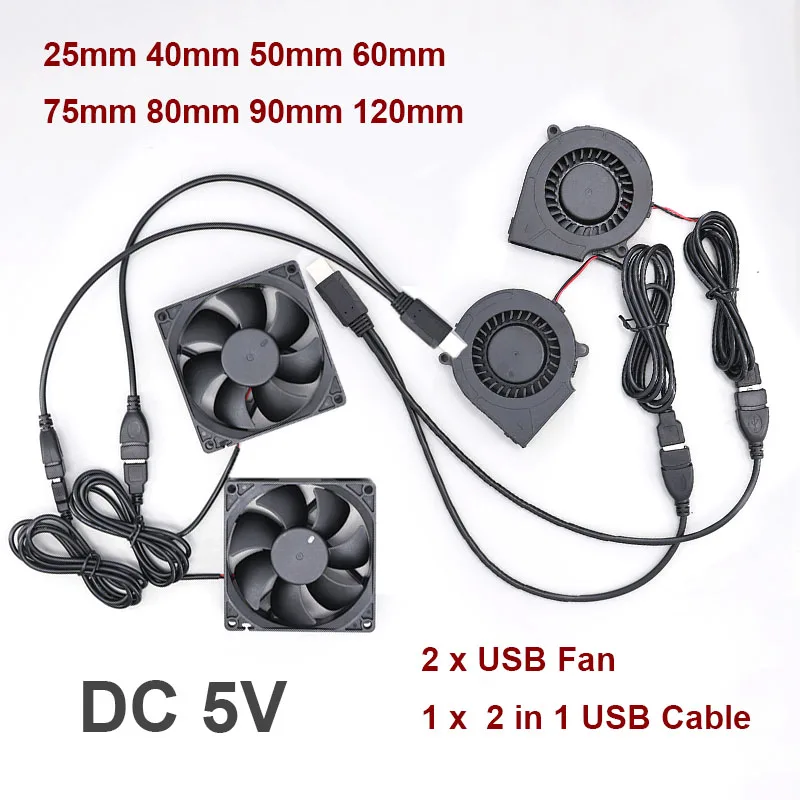 2-in-1-USB-Kabel, Dual 40mm 50mm 60mm 80mm 90mm 120mm, DC 5V-betriebenes USB-Turbo-Gebläsekabel für AV-Receiver-DVR-Kühlung