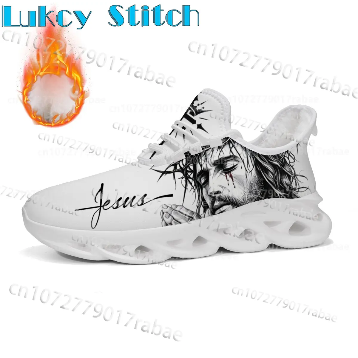 Black White Jesus Sketch Religious Print Warm Plush Lined Athletic Footwear Youth Adult Blade Sole Winter Sneakers Man Woman