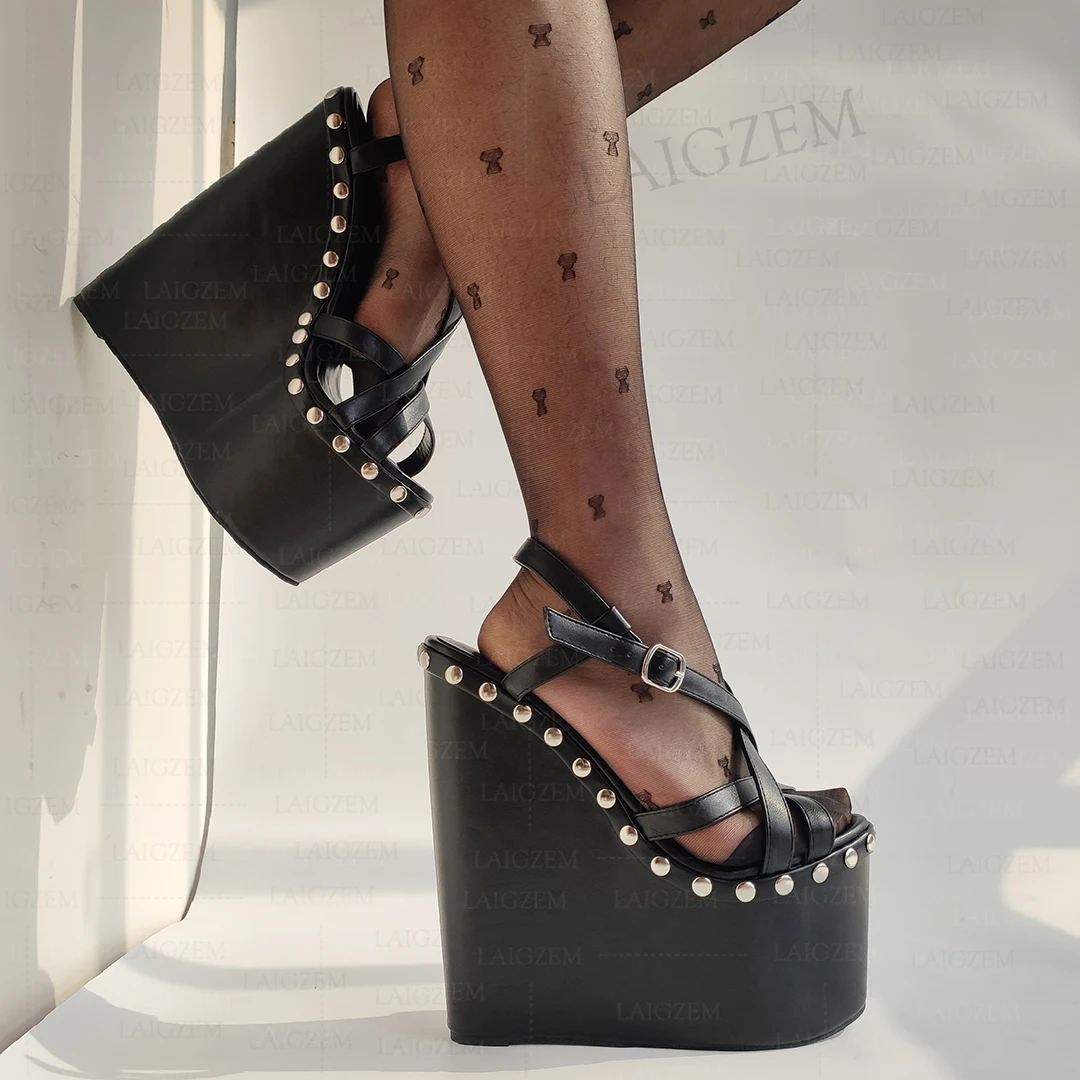 

BERZIMER Women Sandals 20CM High Platform Wedges Straps Handmade Female Party Prom Ladies Shoes Woman Plus Size 37 41 43 45 48