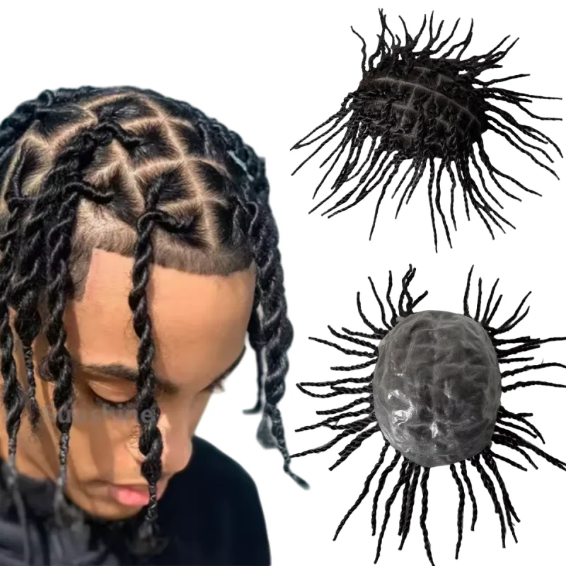 

European Virgin Human Hair Pieces 200% Density 1b# Black Twist Braids Knots Skin PU Toupee for Black Men