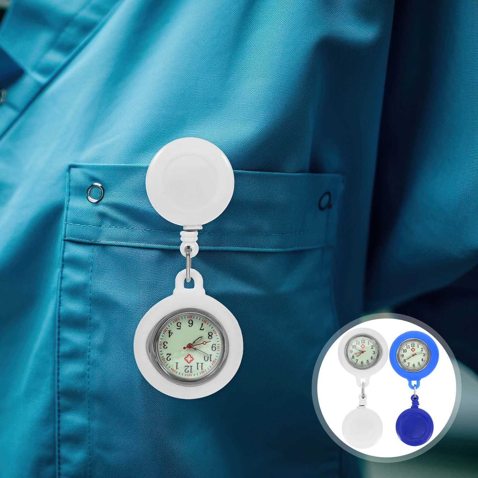 

3Pcs Portable Nurse Pocket Watch Silicone Stretchable Round Hanging Watch Black Light Blue White for Doctors Nurses Hospital Use
