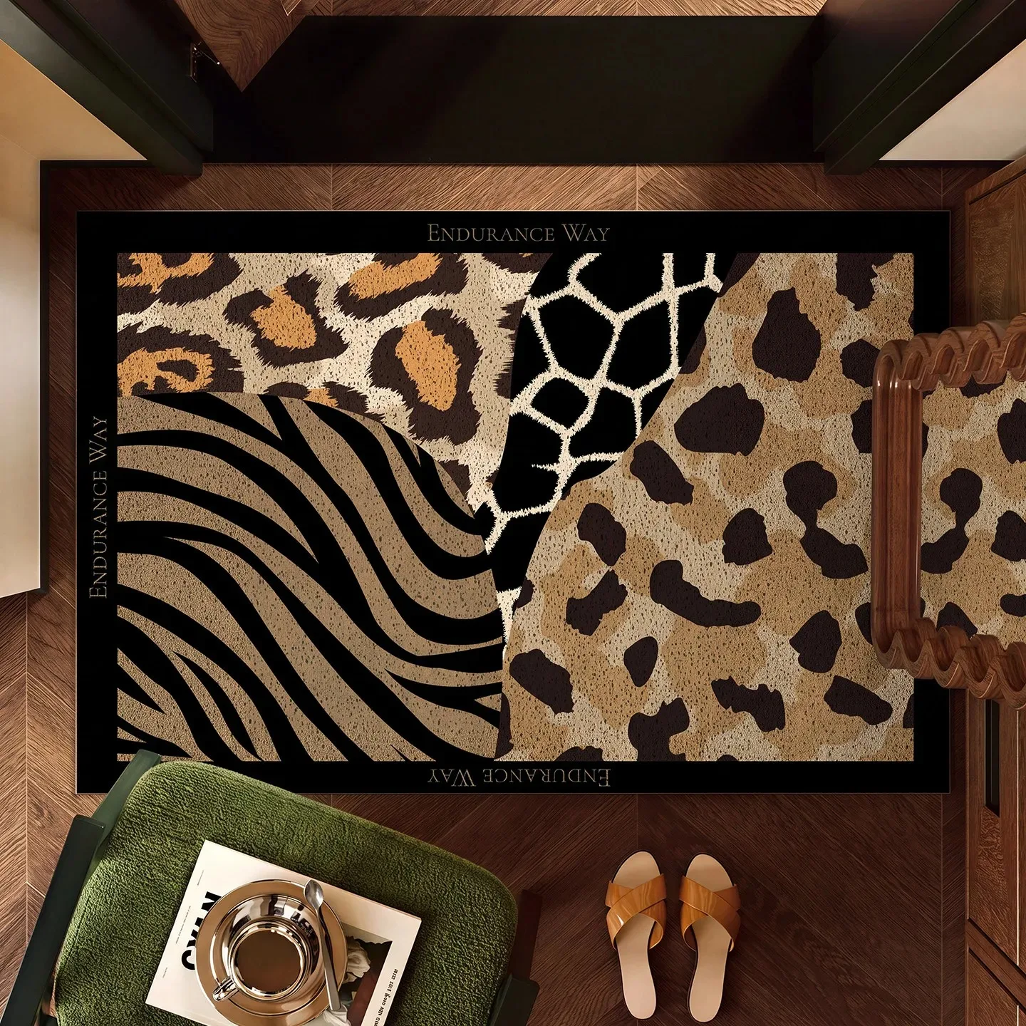 Leopard Zebra Giraffe Cow Pattern PVC Silk Loop Entrance Rug Non-Slip Dirt Trapper Welcome Floor Mat for Front Door Home Decor