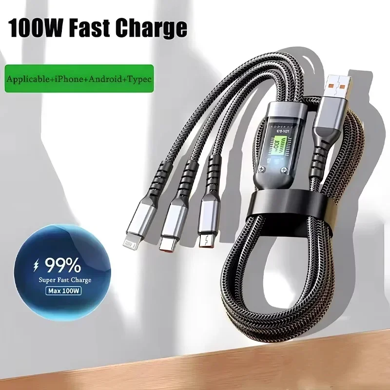 100W 3 in 1 Transparent Pilot Lamp Super Fast Charging Cable 6A Universal with Type C Usb Micro for Samsung Xiaomi Iphone 16 pro