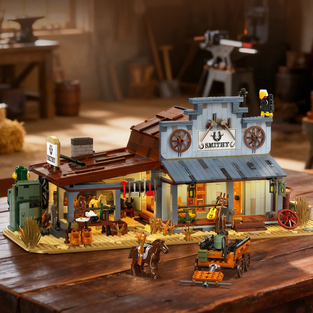 

Idea House Architecture Brick Western Blacksmith Shop Construction Building Block Model Sets Toys With Light For Kids Gifts