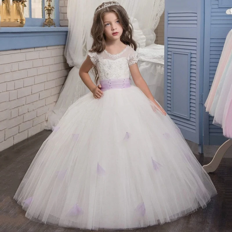 

White Flower Girl Dresses Tulle Puffy Appliques With Purple Ribbon Short Sleeve For Wedding Birthday Party Holy Communion Gowns