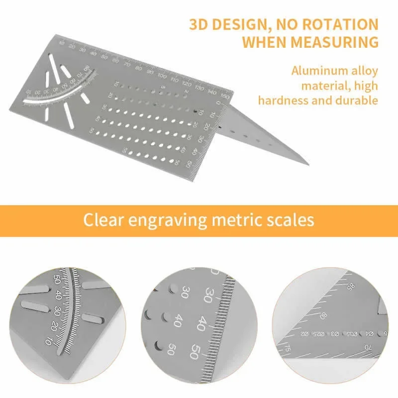 Smooth Carpentry Ruler 3D Mitre Angle Measuring Gauge, Square Size, 45 Degree and 90 Degree Marking, Accurate Measure Multitool