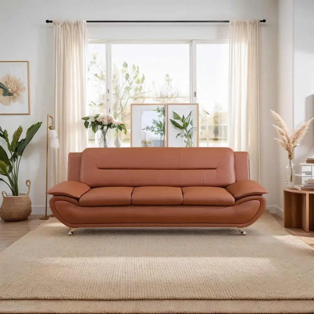 

Modern Leather Sofa Set with Pillow Top Armrests, Ideal for Living Rooms, Offices, and Lounges - B-Orange, 3-Seater Sofa