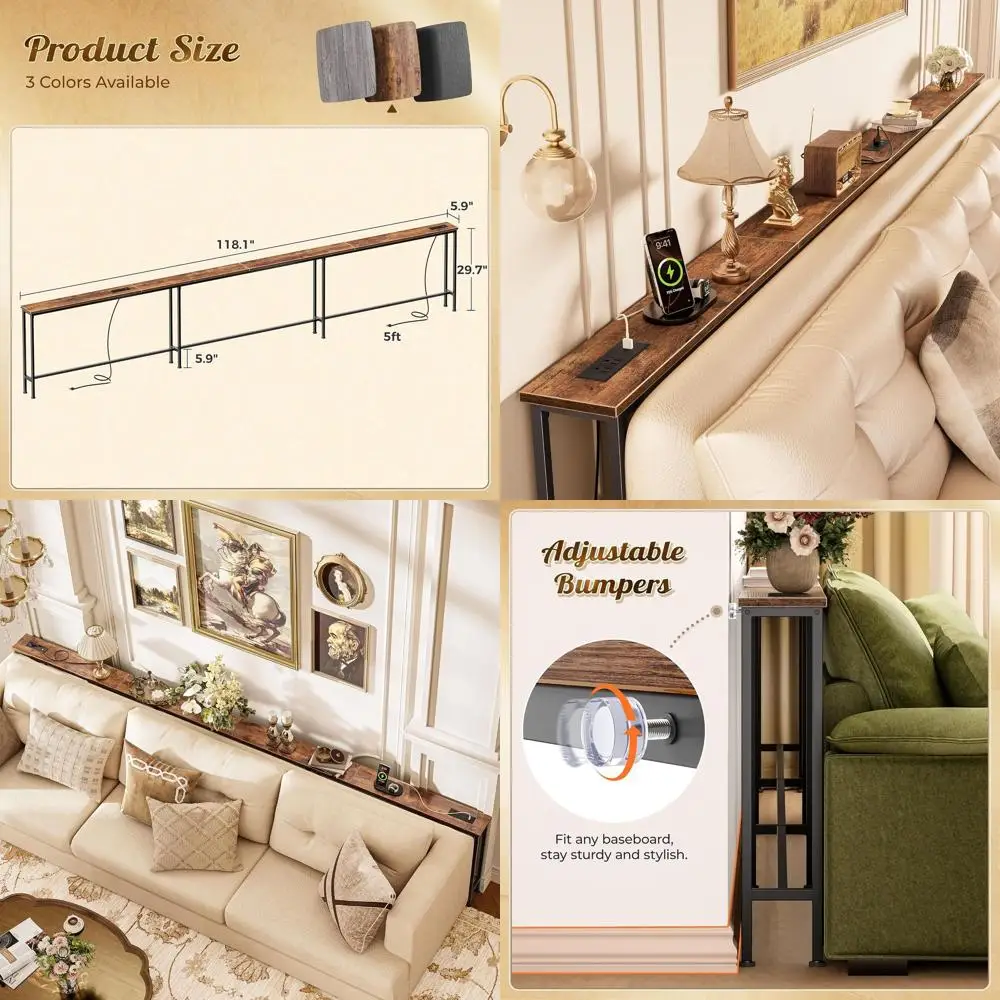 

Широкий диванный столик 118 см с USB-C портами, тонкая консоль для прихожей 5,9 см, место для хранения за диваном, длинный столик в деревенском стиле, коричневый, для гостиной