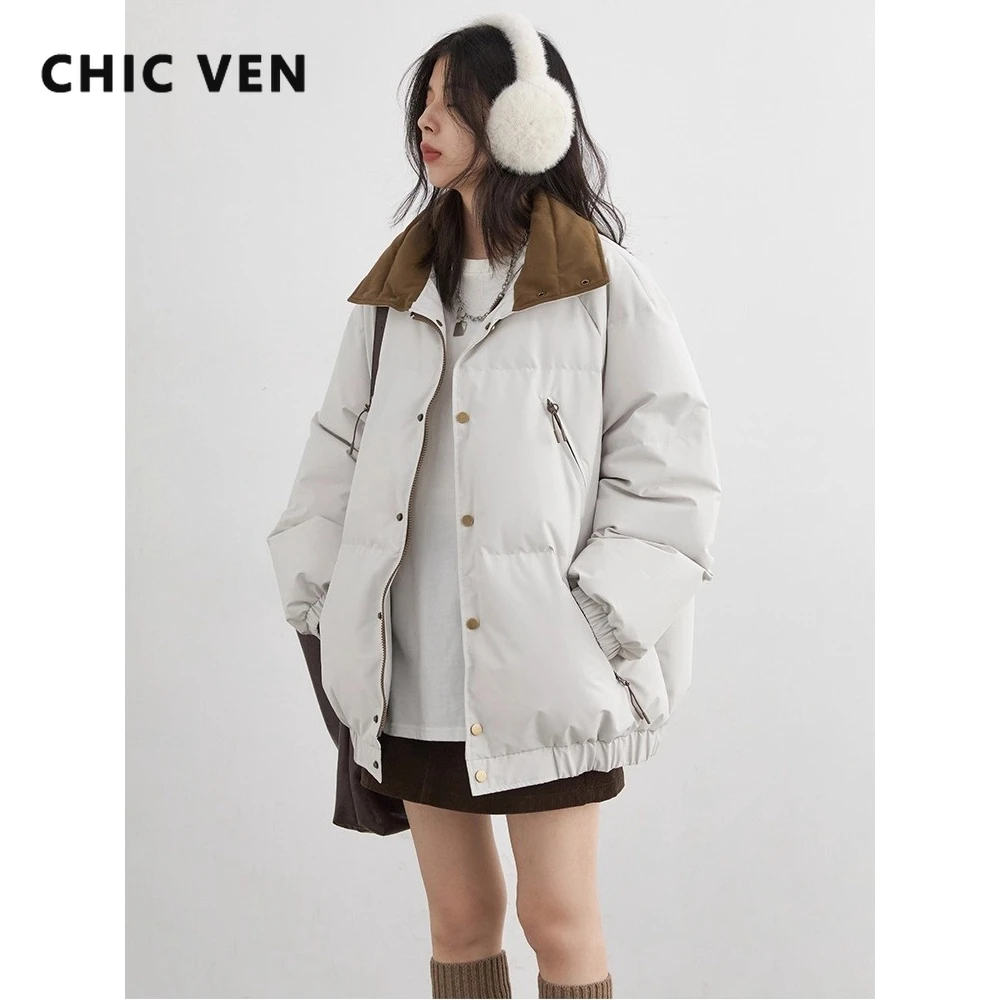 CHIC VEN moda mujer abrigos de plumas de manga larga sólido Retro suelto Casual contraste 90 chaqueta de plumón blanca Otoño Invierno 2025