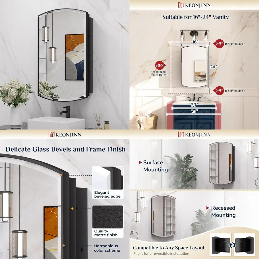 

16 x 26 Keonjinn Black Metal Medicine Cabinet with Mirrors, Suitable for Surface Mount or Recessed Installation in Bathrooms