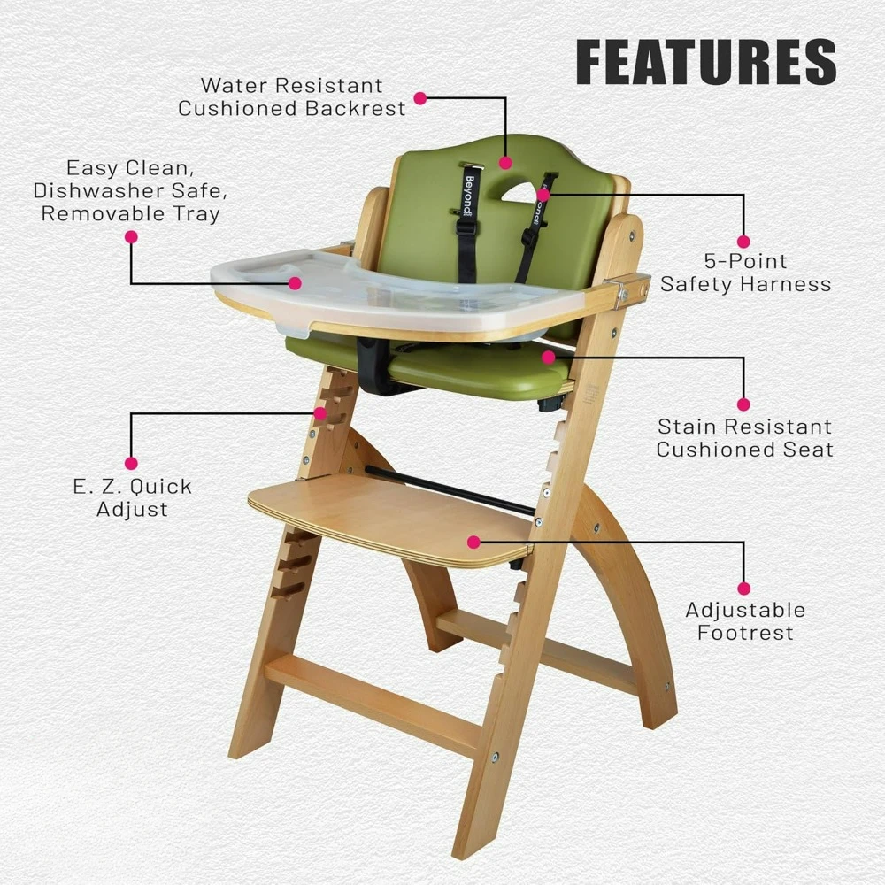 Wooden high chair with tray, 250 pound adjustable high chair - anti fouling and waterproof natural wood/olive colored cushion