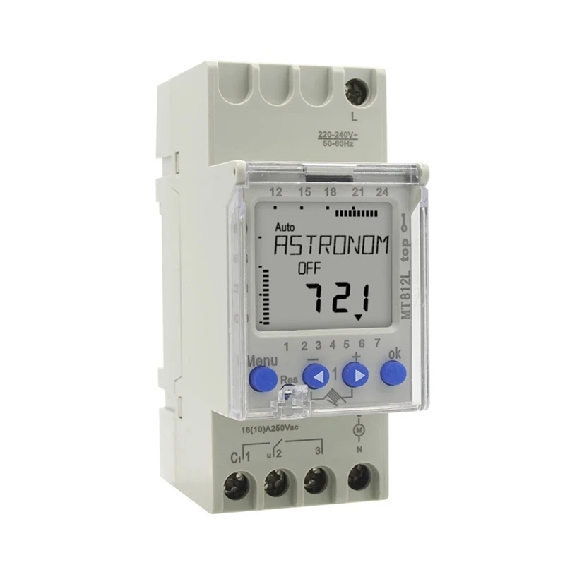 MT812L ดาราศาสตร์ Chronometer Switch 16A 1 ช่อง 7 วัน LCD Digital Timing Control Switch การติดตั้งราง DIN