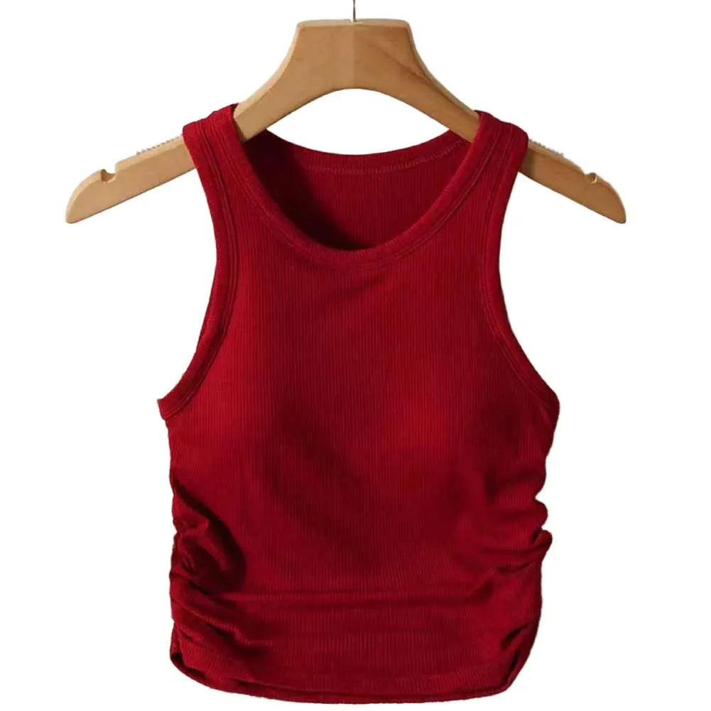 Sleek Solid Sleeveless Tank Top with Pleated Sides Designed for a Slim Fit with Built in Chest Pad for Comfort