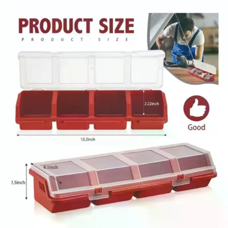 Screw Organizer Box Plastic 4 Compartments With Secure Lid Blue Red Black for Workshop Tools Storage