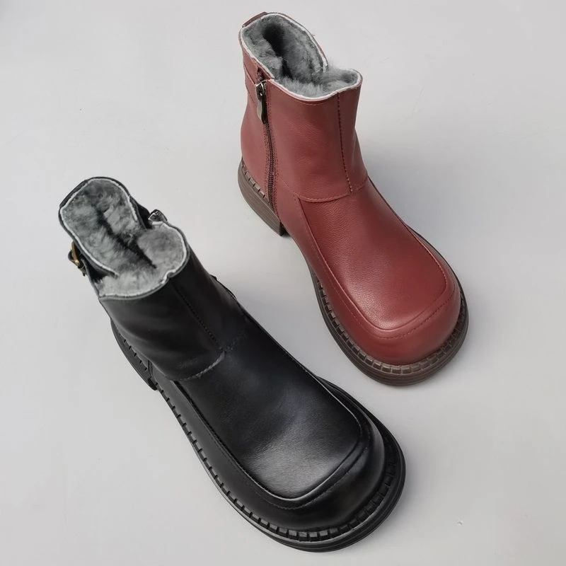 Sheepskin Fur Women's Boots Natural Wool Wide Toe Boots Genuine Leather Cowhide Real Wool Cotton Shoes Snow Boots Winter