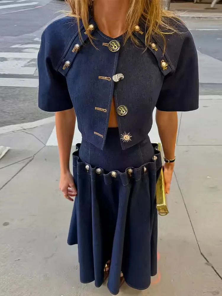 Vintage Elegant Denim Top Skirt Set Women's Metal Button Patchwork Half Sleeve Crop Top Bandage A-Line Maxi Skirt Two Piece Suit