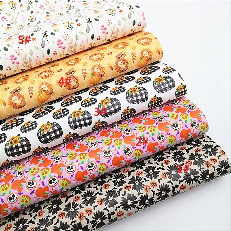 Autumn Daisy Flowers Pumpkins Synthetic Leather Fabric Sheets Faux Leather For Bags Shoes Bows DIY Craft Sheets Mini Rolls W192