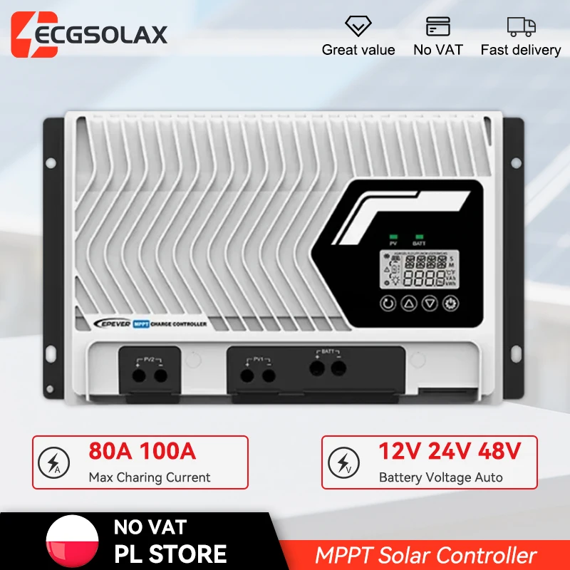 Controlador de Carga Solar MPPT EPEVER 80/100A, IP32 Impermeable, 12V/24V/48V DC Automático, Compatible con Panel Solar LiFePO4 200V