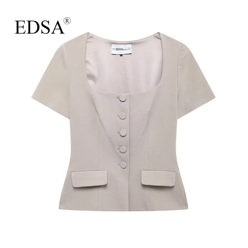 EDSA Women Khaki Top with Square-cut Neck Front Flap Pockets Button-Up Blouse Single Breasted Shirt for Casual Female