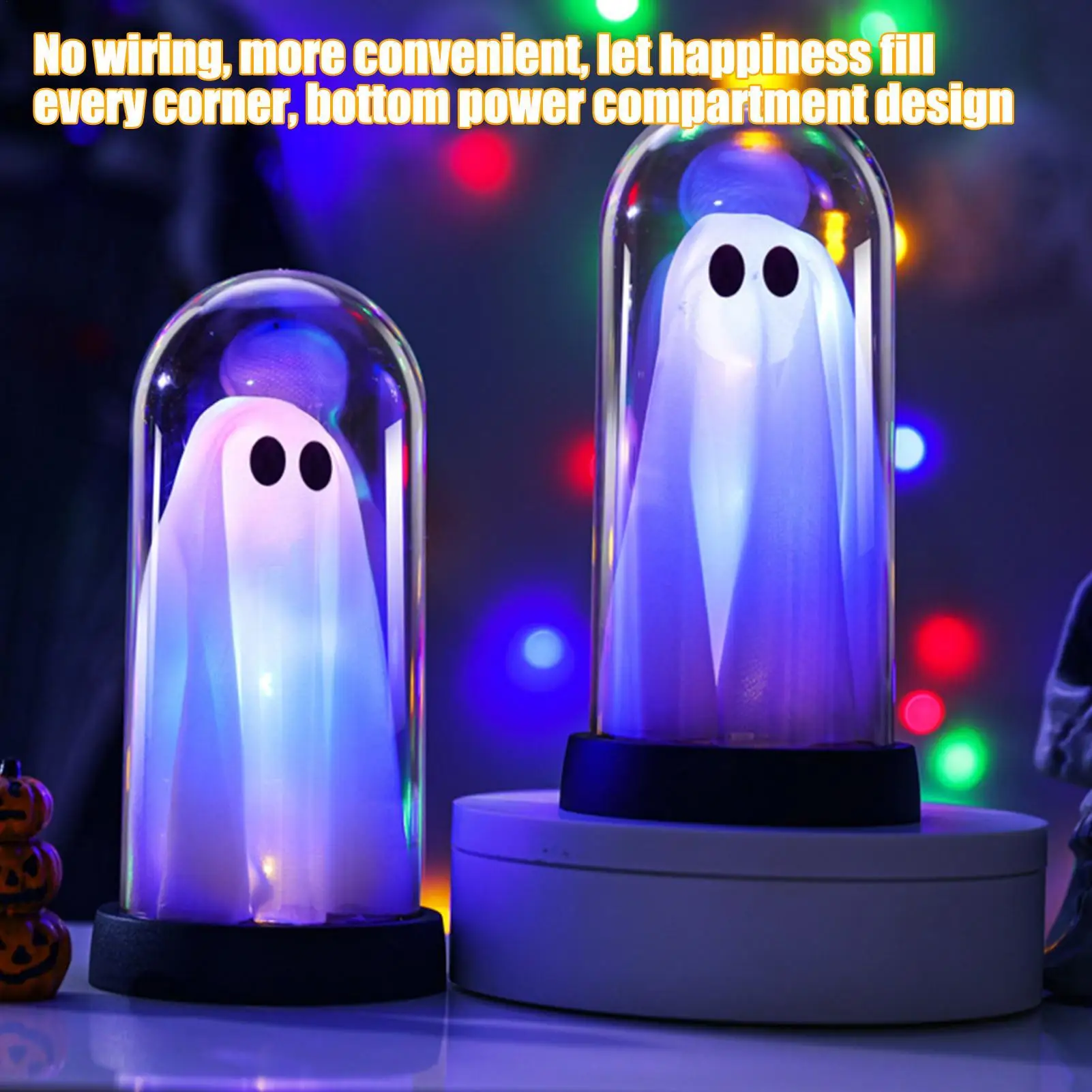 Ghost Night Light Light Up Ghost in Cloche Scary Cute LED Battery Operated Tabletop Lamp for Party Kitchen Holiday Halloween