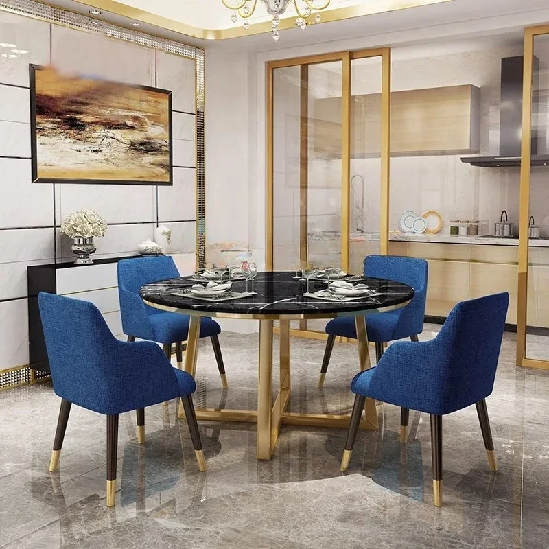

Post-Modern Light Luxury Stainless Steel round Simple Small Apartment Marble Dining Tables and Chairs Set