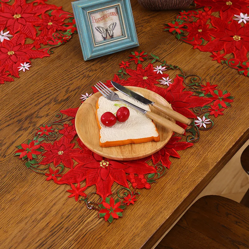 4PCS 28x43cm Christmas Embroidered Printed Tablecloths Party Picnic Tablecloth Decoration Supplie Runners Linens