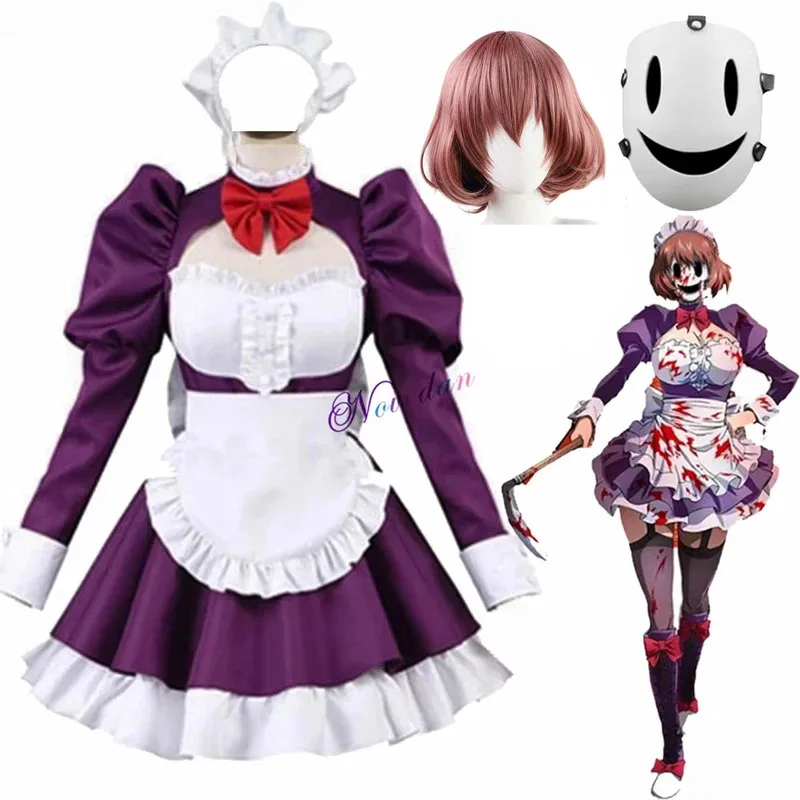 

Anime High Rise Invasion Maid Fuku Kamen Cosplay Costume Mask Wig Suit Apron Purple Lolita Dress Outfit Halloween Costume Women
