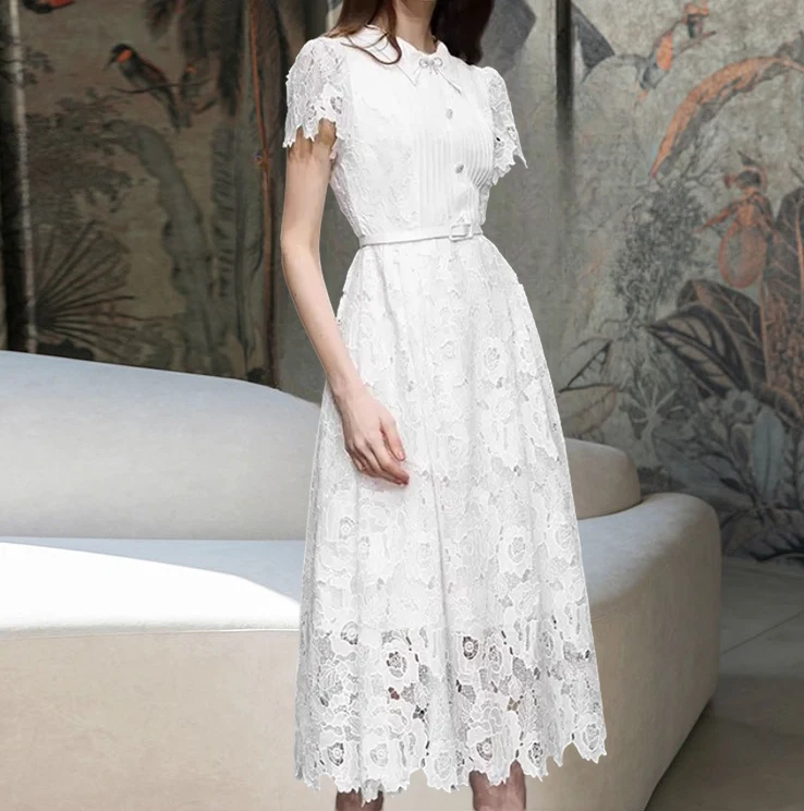 White Lace Dress Women  Summer Single-breasted Party Vestido Vintage Hook Flower Hollow Elegant Clothing Bodycon Turn-down