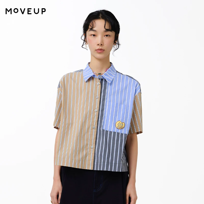 

MOVEUP Casual Short Sleeves Shirt 2026 Summer New Contrasting Striped Fun Cartoon Embroidered Pocket Shirt For Women 325220412